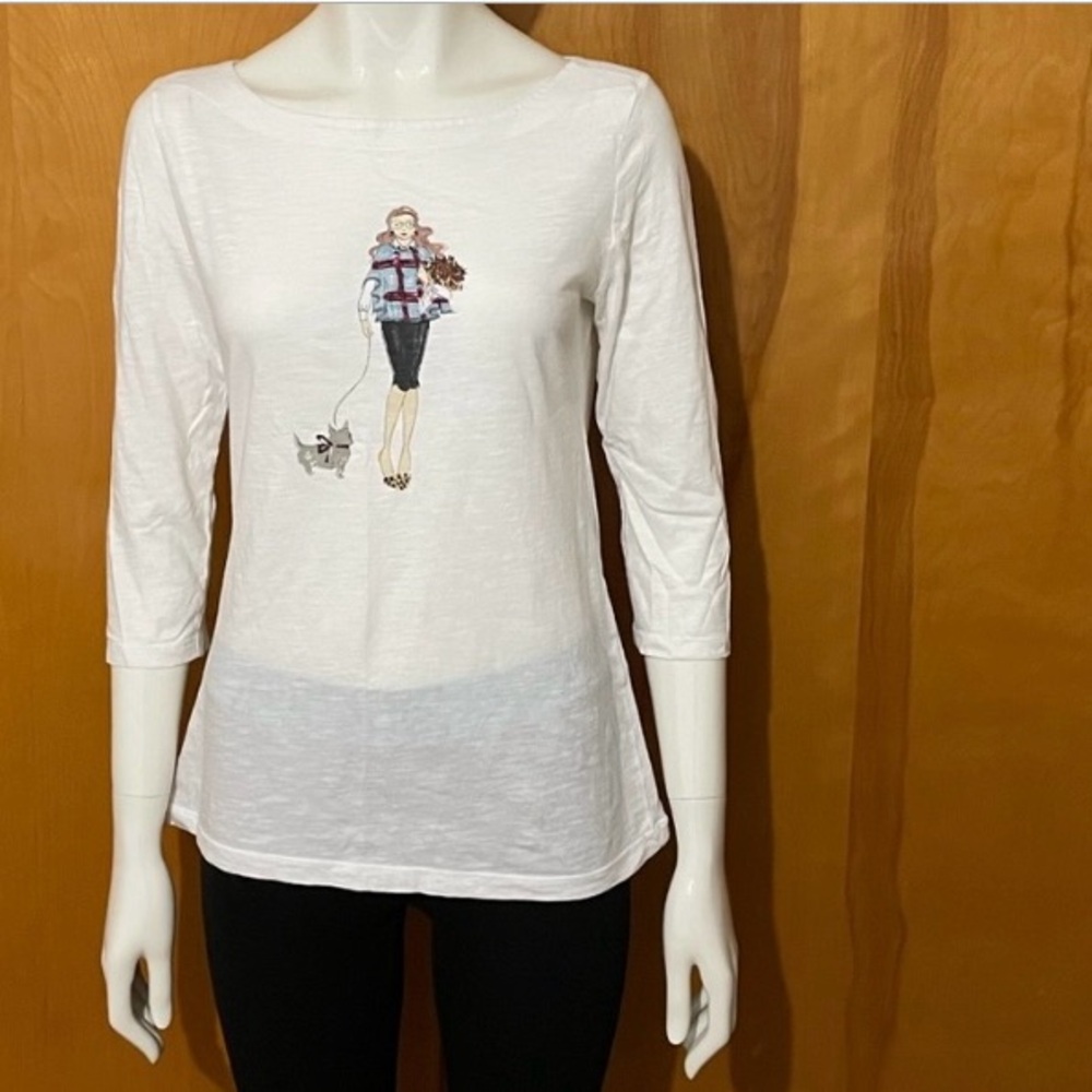 Ann Taylor Loft white cotton shirt, lady with dog. Sequins, beads. Size large.